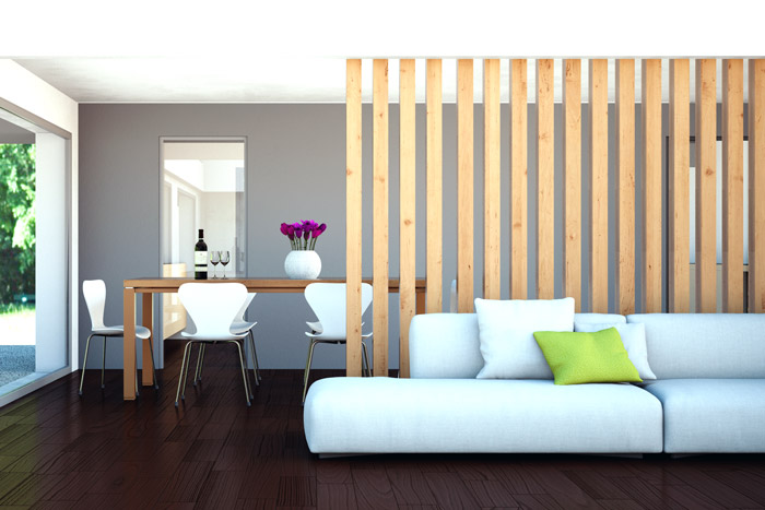 Kreative Wand aus Holzlatten im Wohnzimmer
